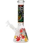 Aliens And Hemp Leaves Glow Glass Beaker Water Pipe 10"