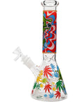 Aliens And Hemp Leaves Glow Glass Beaker Water Pipe 10"