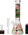 Aliens And Hemp Leaves Glow Glass Beaker Water Pipe 10"