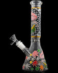 Aliens And Hemp Leaves Glow Glass Beaker Water Pipe 10"