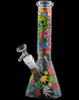 Aliens And Hemp Leaves Glow Glass Beaker Water Pipe 10"