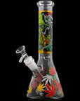Aliens And Hemp Leaves Glow Glass Beaker Water Pipe 10"