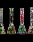 Aliens And Hemp Leaves Glow Glass Beaker Water Pipe 10"