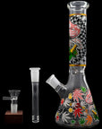 Aliens And Hemp Leaves Glow Glass Beaker Water Pipe 10"