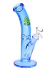 Blue glass bent tube water pipe with SeshGear logo on a white background