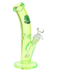 Clear green glass bent tube water pipe with SeshGear logo on a white background