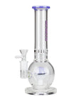 Clear glass water pipe with purple Pocket-Orb perc on a white background