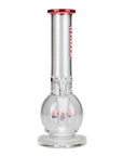 Clear glass bong with red Pocket Orb perc on a white background