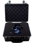 Black protective case with foam interior containing blue cloaked voyager dab rig on a white background