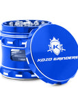 Blue herb grinder with 'Kozo Grinders' logo on a white background