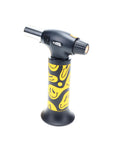 Butane torch with black and yellow design on a white background
