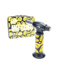 Butane lighter with yellow smiley face design on a white background