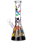 Back view of Spooky Haunted House Beaker Bong highlighting detailed haunted house artwork