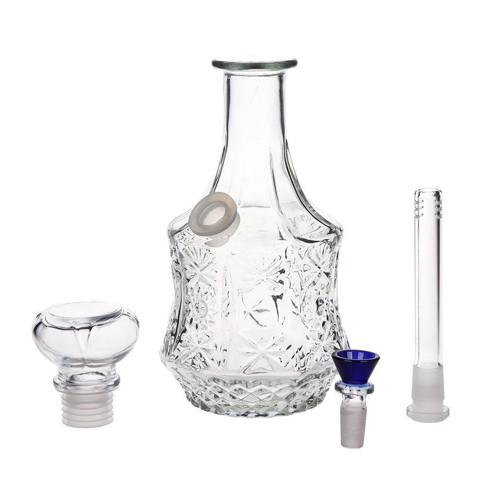 All parts of the 10-Inch Sun Flower Vintage Decanter Glass Bong including bowl and components