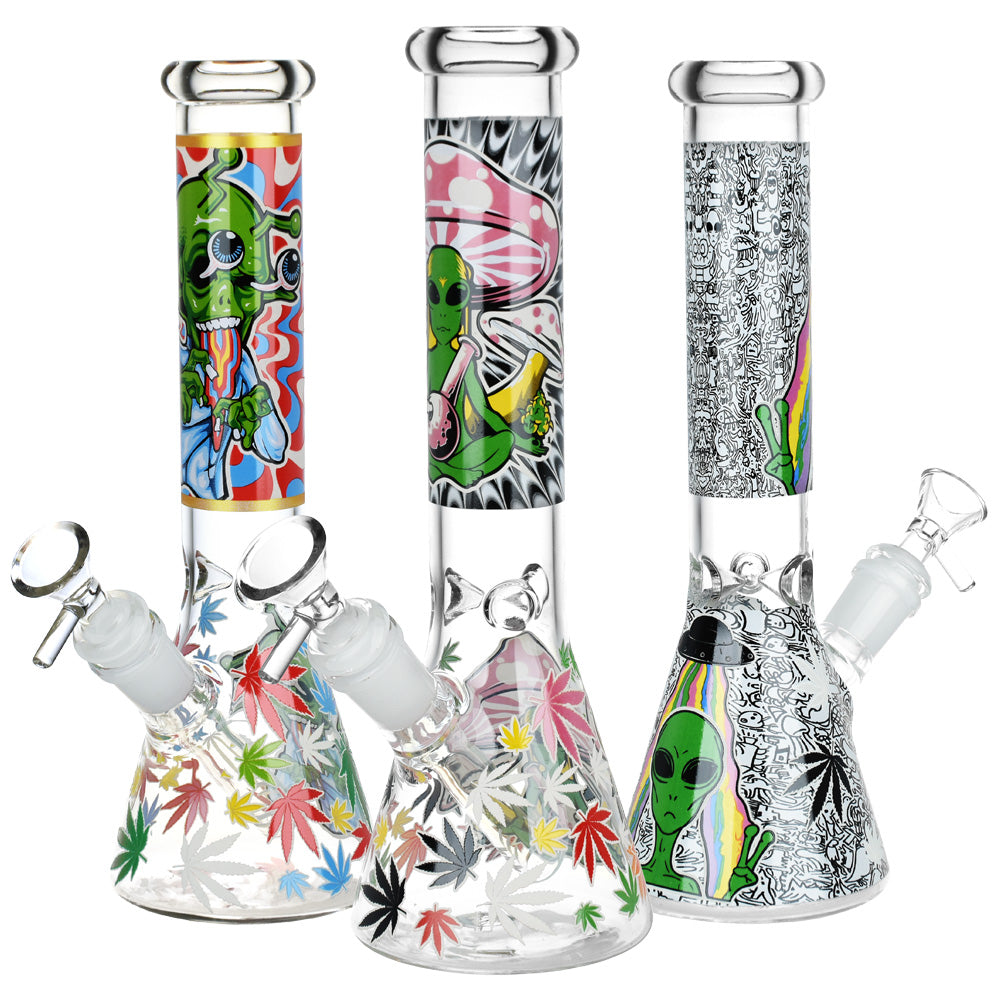 Aliens And Hemp Leaves Glow Glass Beaker Water Pipe