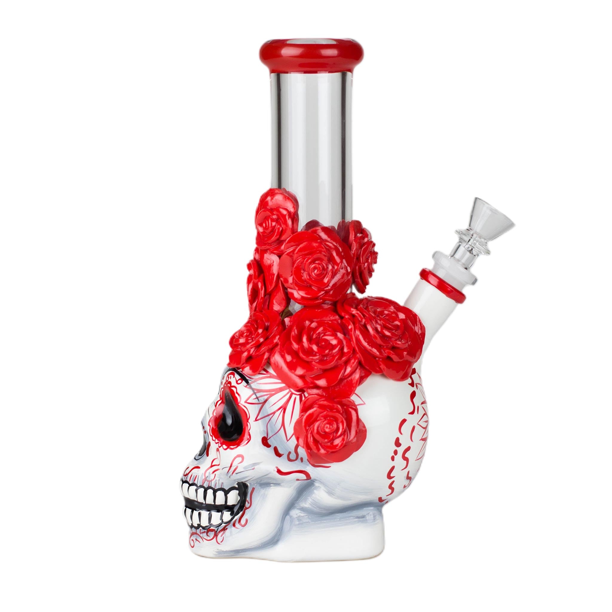 9" Rose Sugar Skull Glass Bong - inhalco