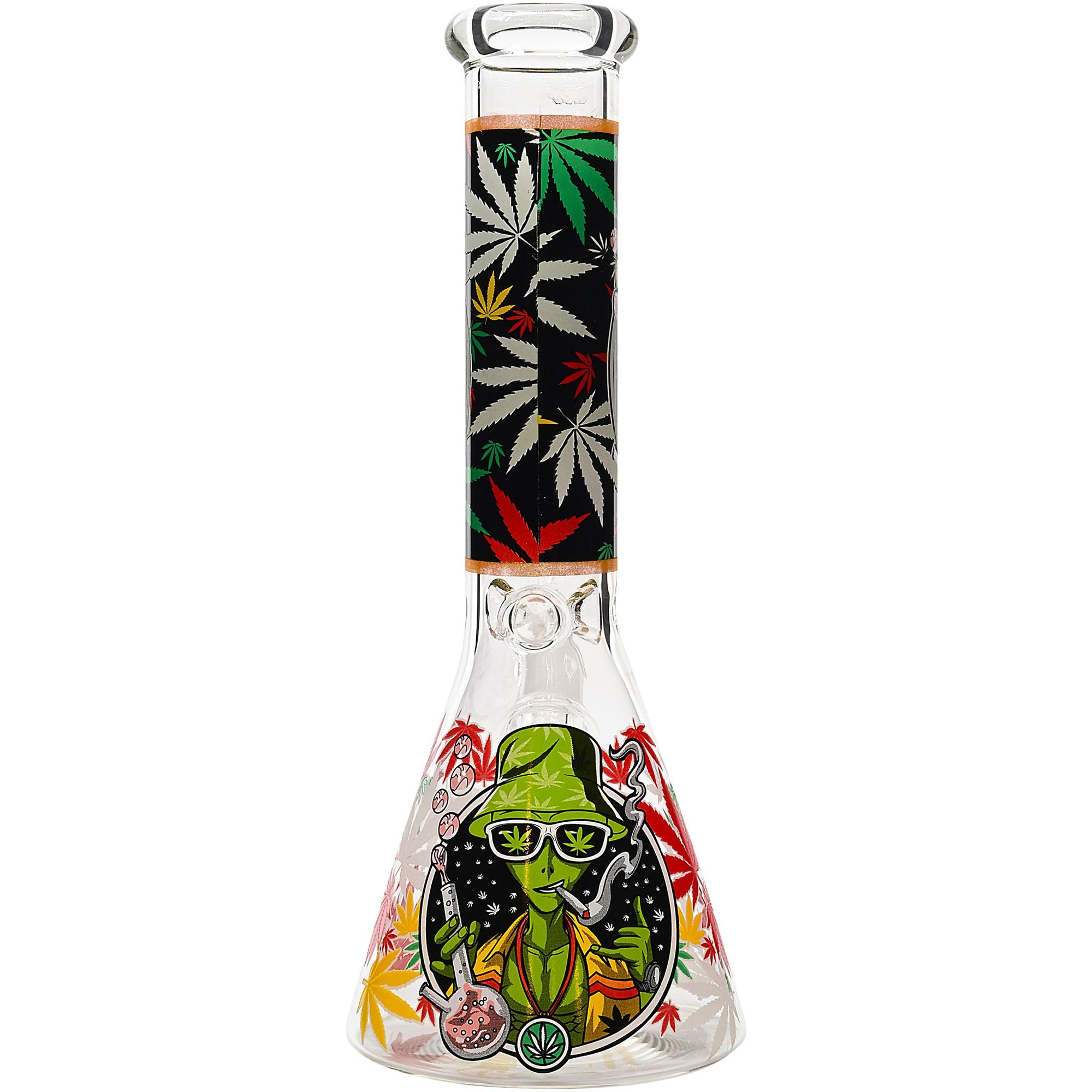 Aliens And Hemp Leaves Glow Glass Beaker Water Pipe 10&quot;