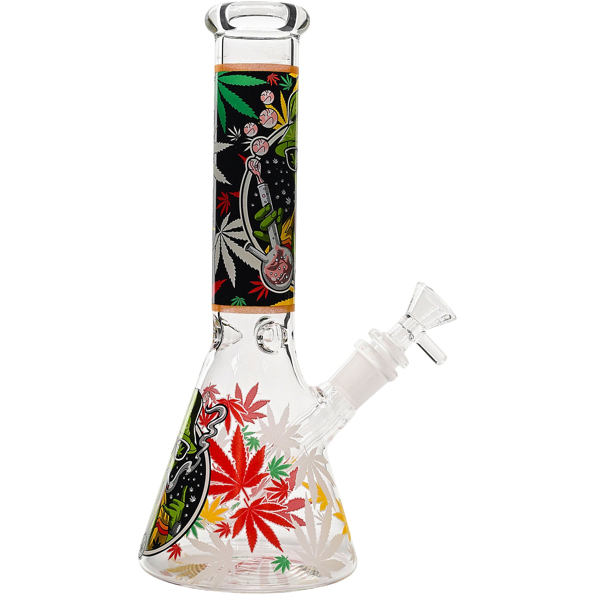 Aliens And Hemp Leaves Glow Glass Beaker Water Pipe 10&quot;