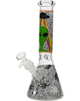 Aliens And Hemp Leaves Glow Glass Beaker Water Pipe 10"