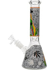 Aliens And Hemp Leaves Glow Glass Beaker Water Pipe 10"