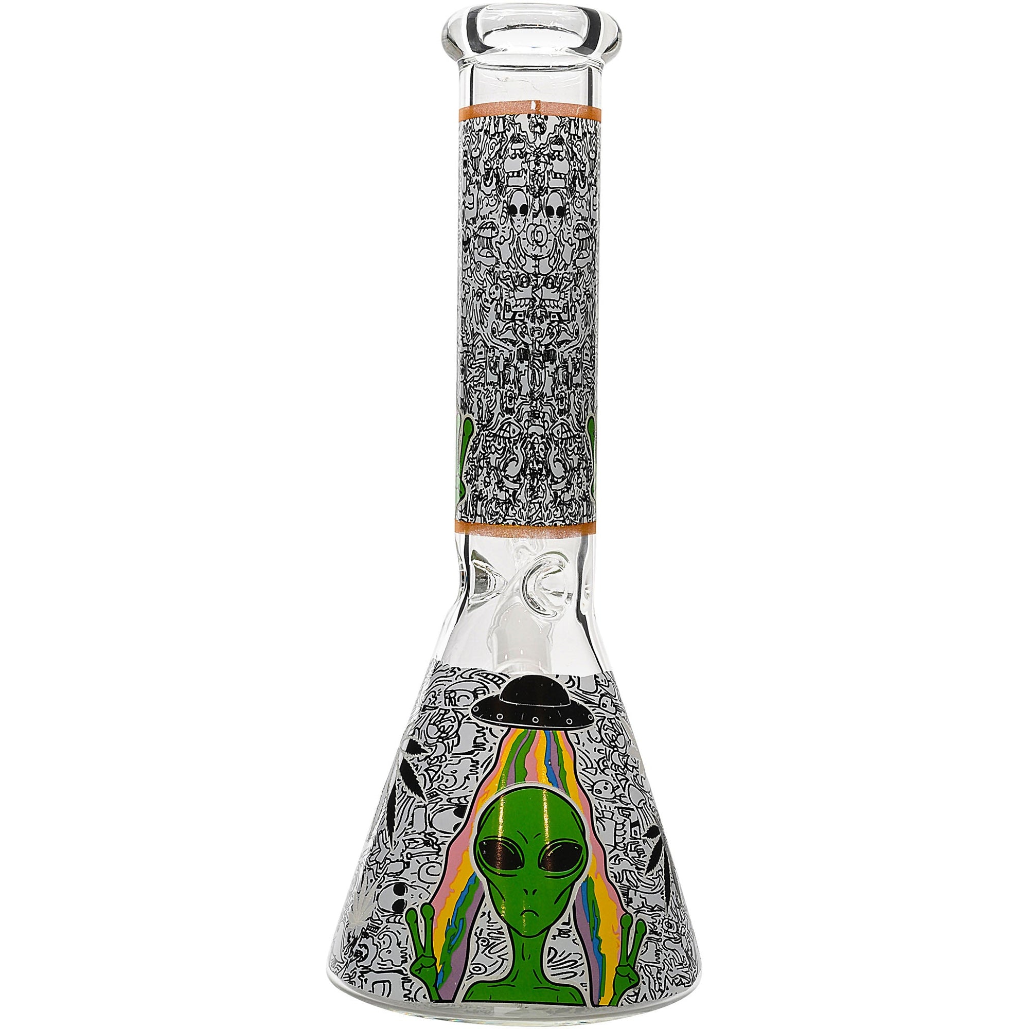 Aliens And Hemp Leaves Glow Glass Beaker Water Pipe 10&quot;