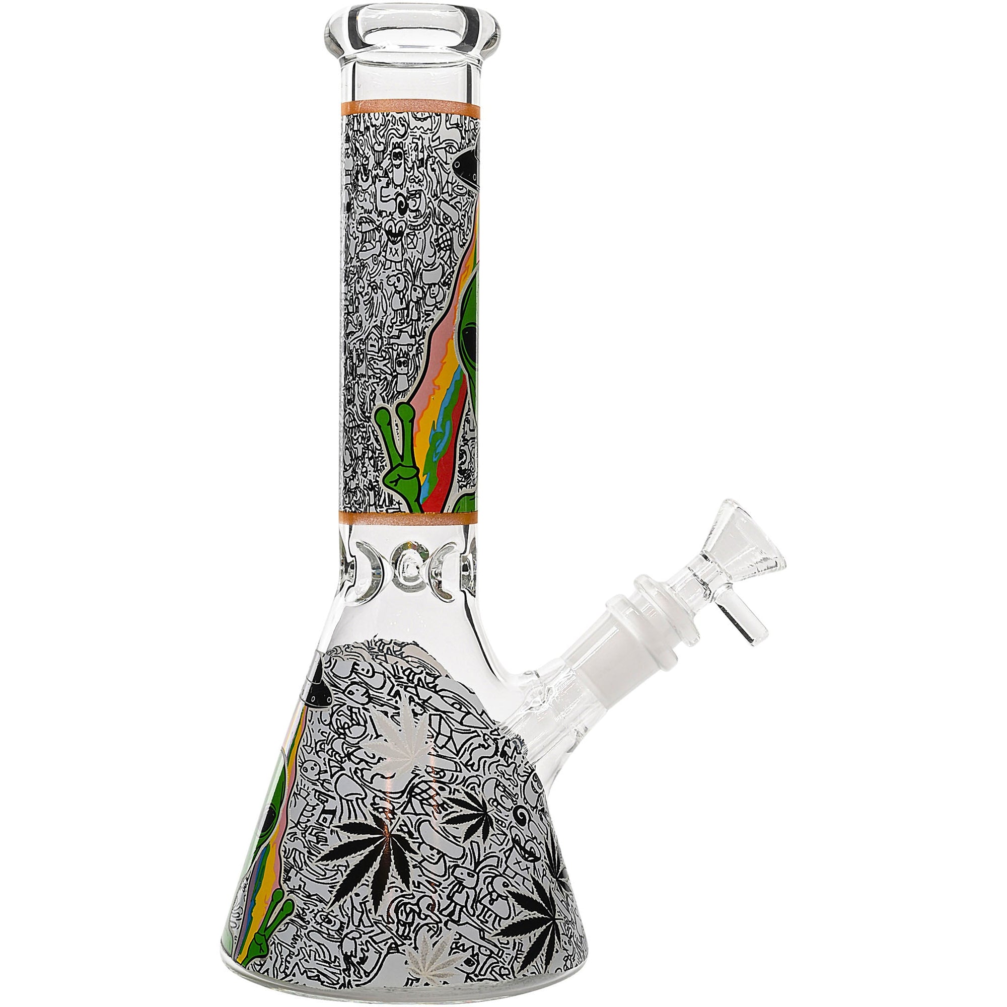 Aliens And Hemp Leaves Glow Glass Beaker Water Pipe 10&quot;