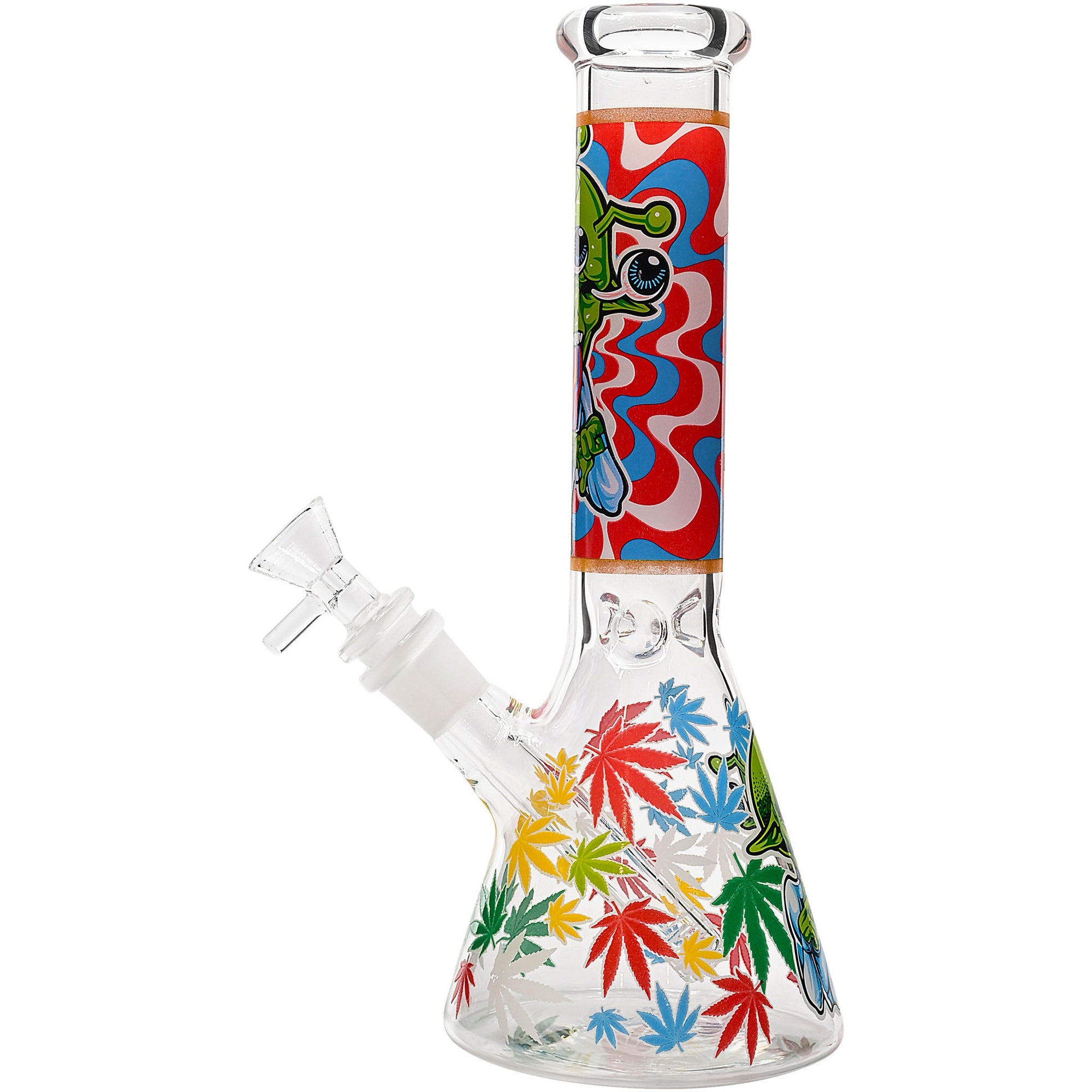 Aliens And Hemp Leaves Glow Glass Beaker Water Pipe 10&quot;