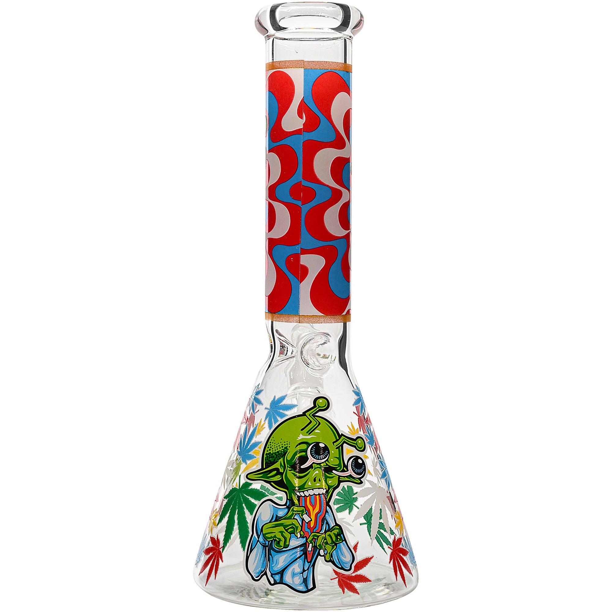 Aliens And Hemp Leaves Glow Glass Beaker Water Pipe 10&quot;