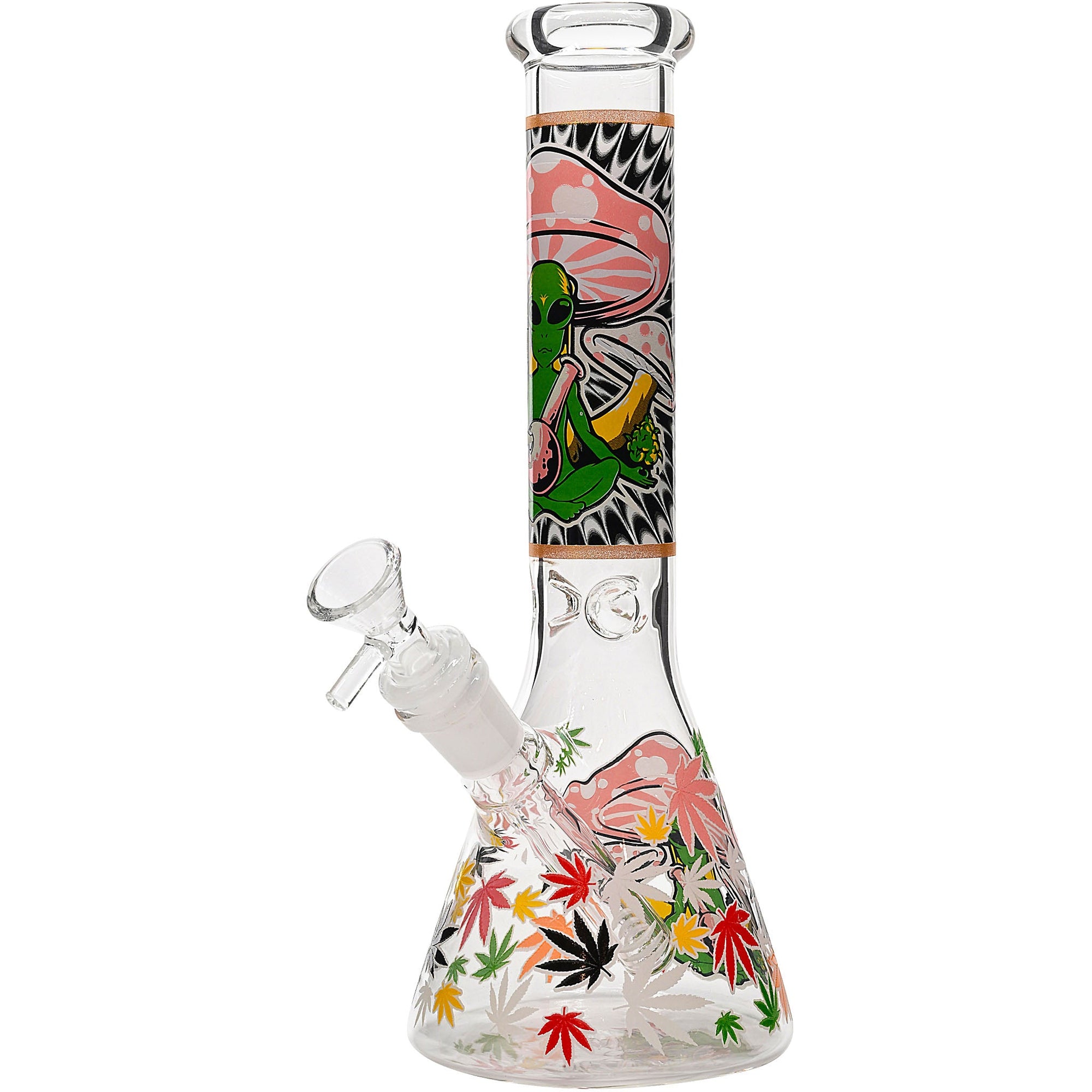 Aliens And Hemp Leaves Glow Glass Beaker Water Pipe 10&quot;