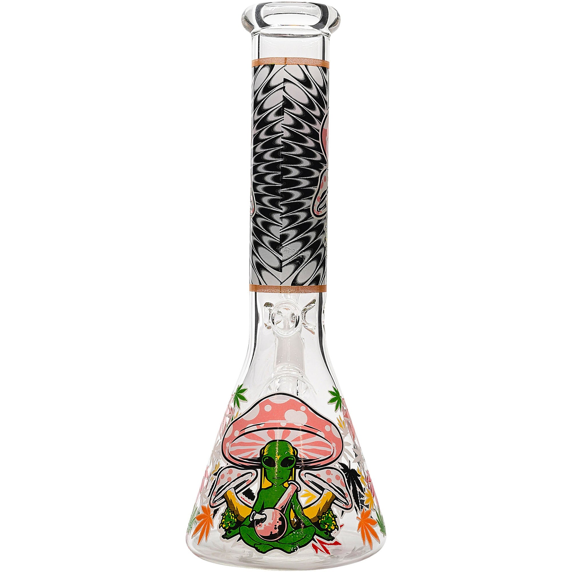 Aliens And Hemp Leaves Glow Glass Beaker Water Pipe 10&quot;