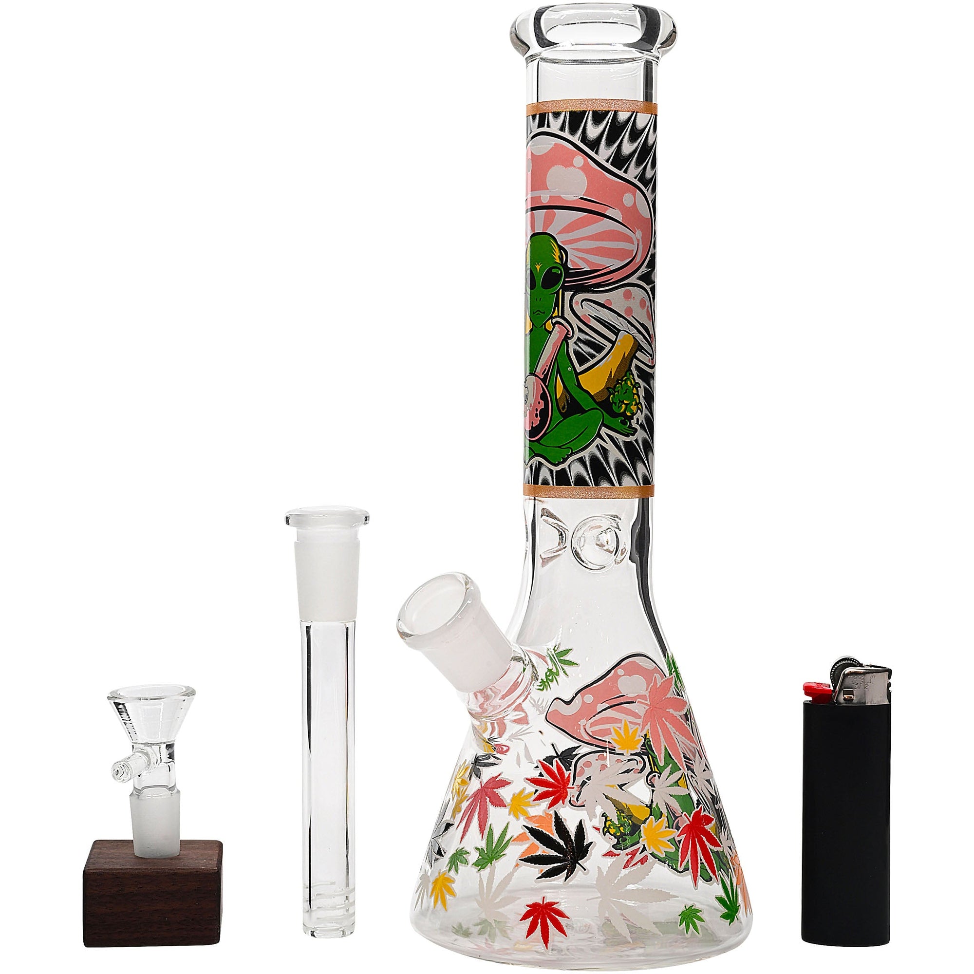 Aliens And Hemp Leaves Glow Glass Beaker Water Pipe 10&quot;