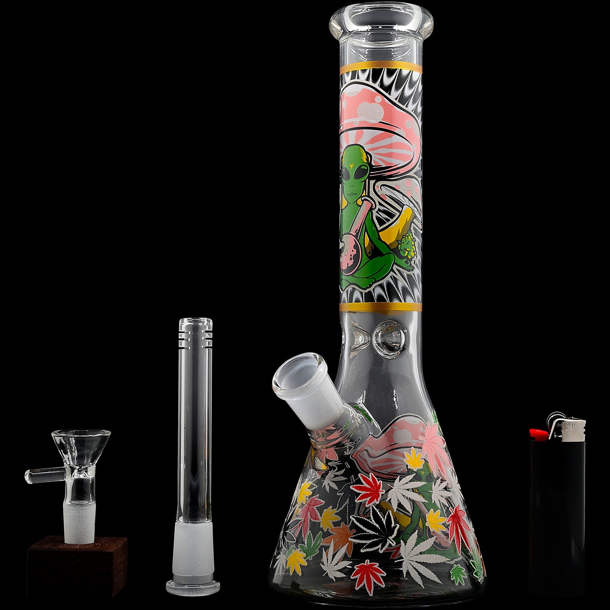 Aliens And Hemp Leaves Glow Glass Beaker Water Pipe 10&quot;