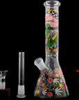 Aliens And Hemp Leaves Glow Glass Beaker Water Pipe 10"