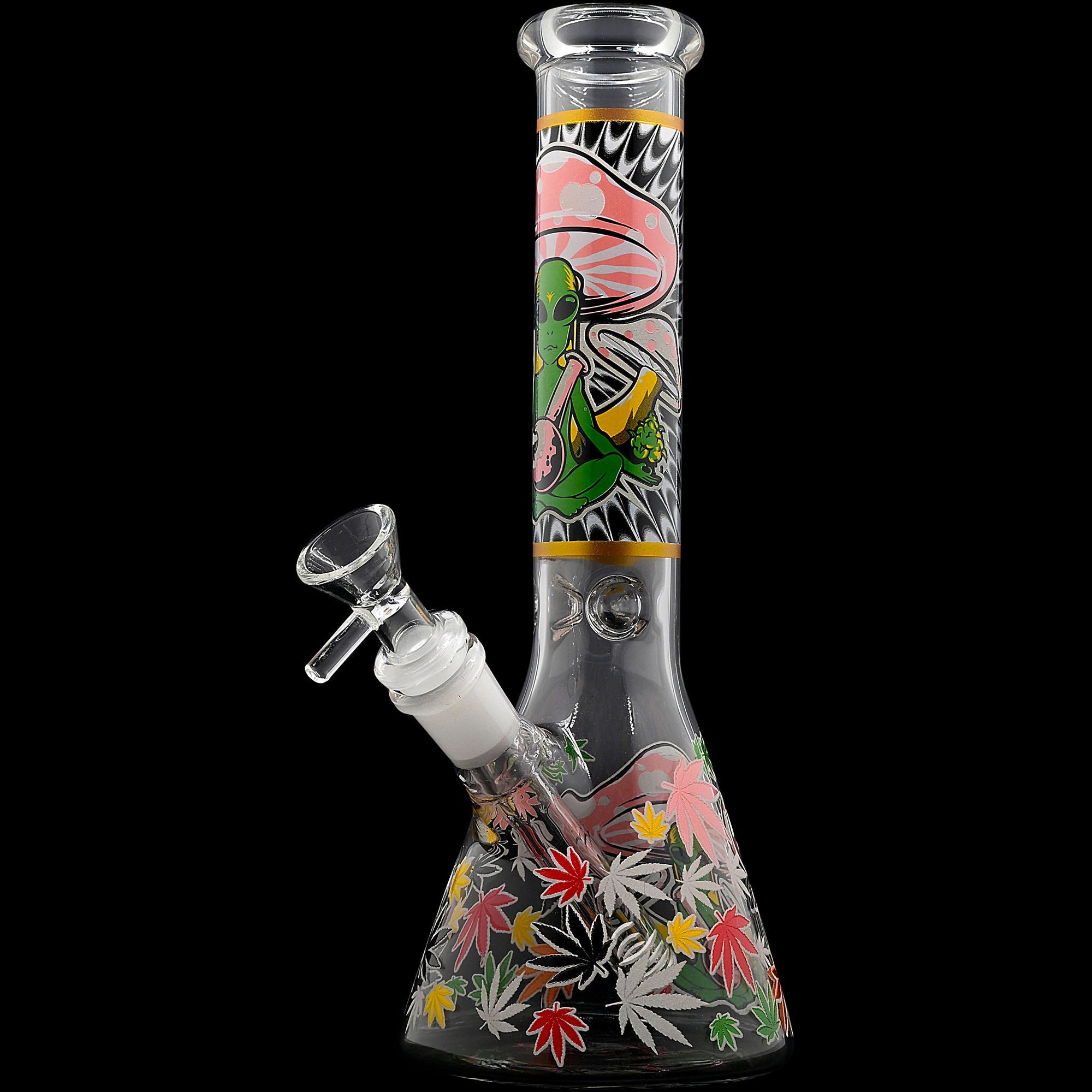 Aliens And Hemp Leaves Glow Glass Beaker Water Pipe 10&quot;