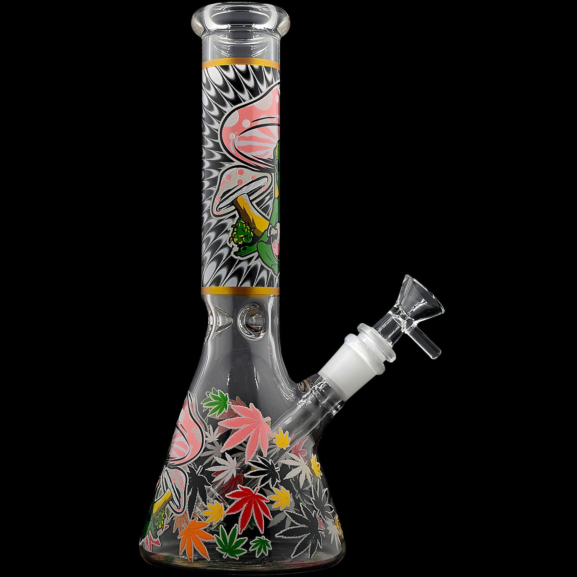 Aliens And Hemp Leaves Glow Glass Beaker Water Pipe 10&quot;