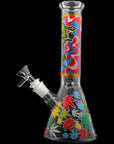 Aliens And Hemp Leaves Glow Glass Beaker Water Pipe 10"