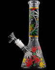 Aliens And Hemp Leaves Glow Glass Beaker Water Pipe 10"