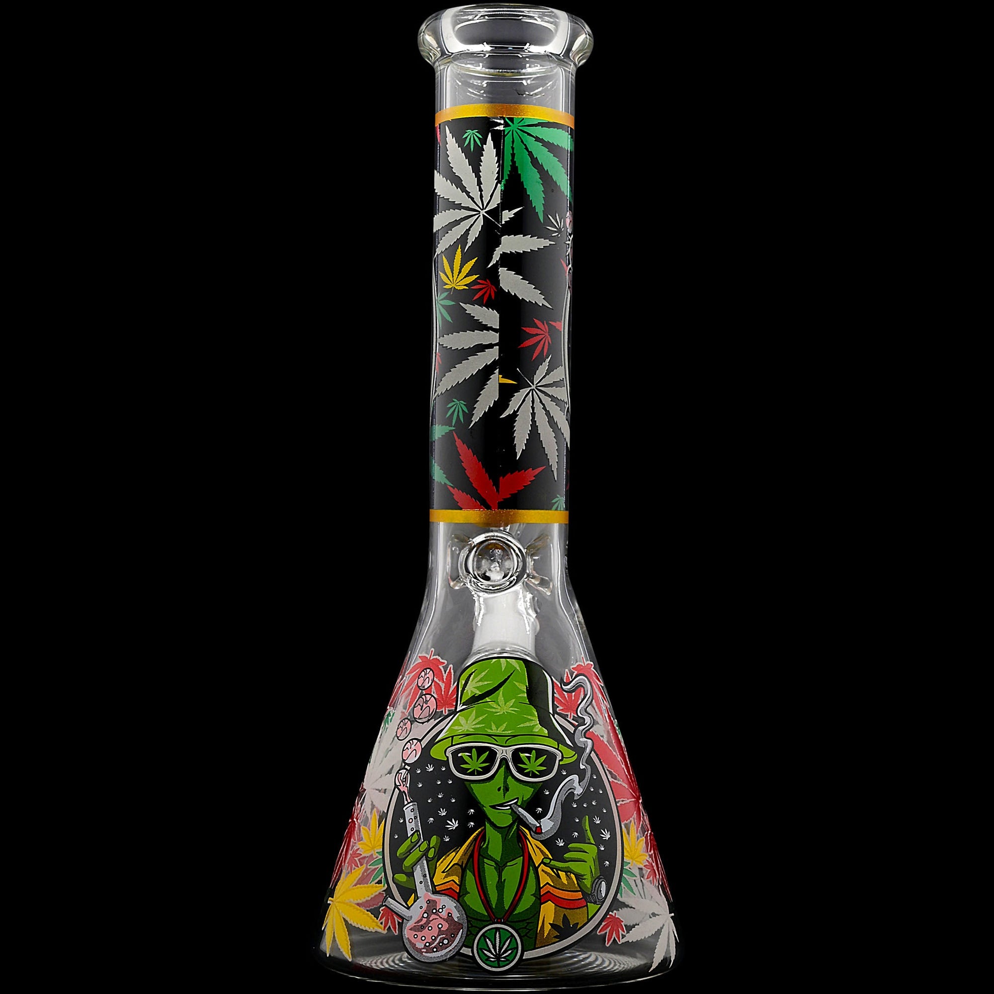 Aliens And Hemp Leaves Glow Glass Beaker Water Pipe 10&quot;