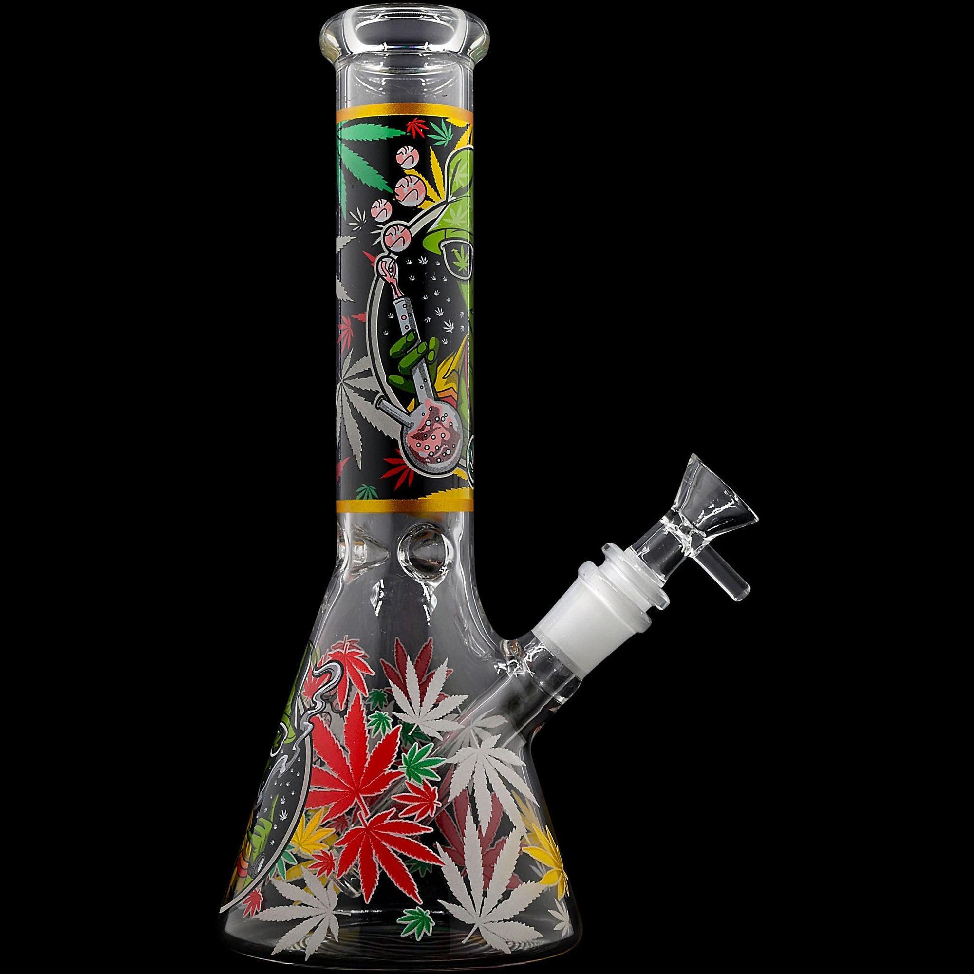 Aliens And Hemp Leaves Glow Glass Beaker Water Pipe 10&quot;