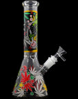 Aliens And Hemp Leaves Glow Glass Beaker Water Pipe 10"