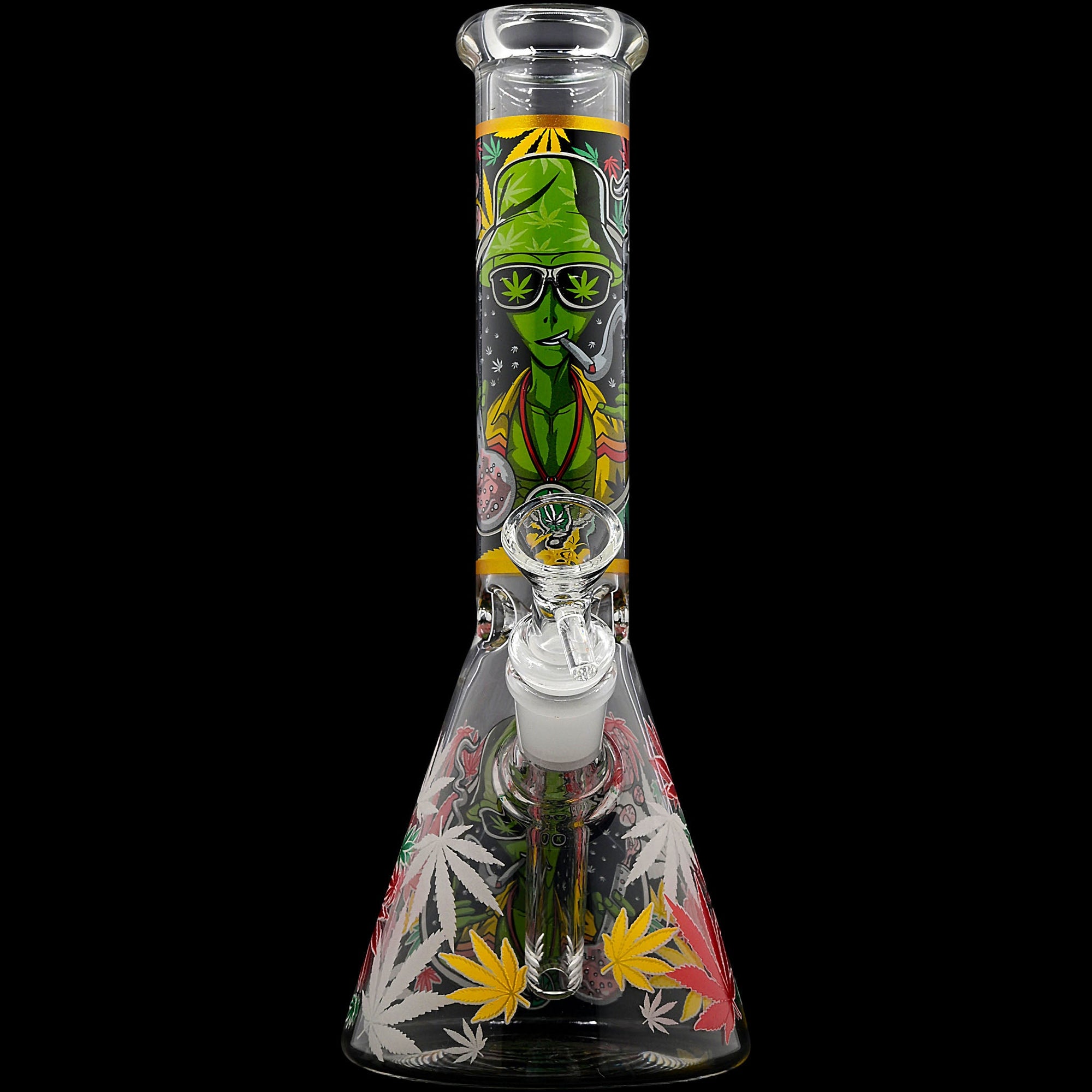 Aliens And Hemp Leaves Glow Glass Beaker Water Pipe 10&quot;