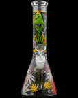 Aliens And Hemp Leaves Glow Glass Beaker Water Pipe 10"