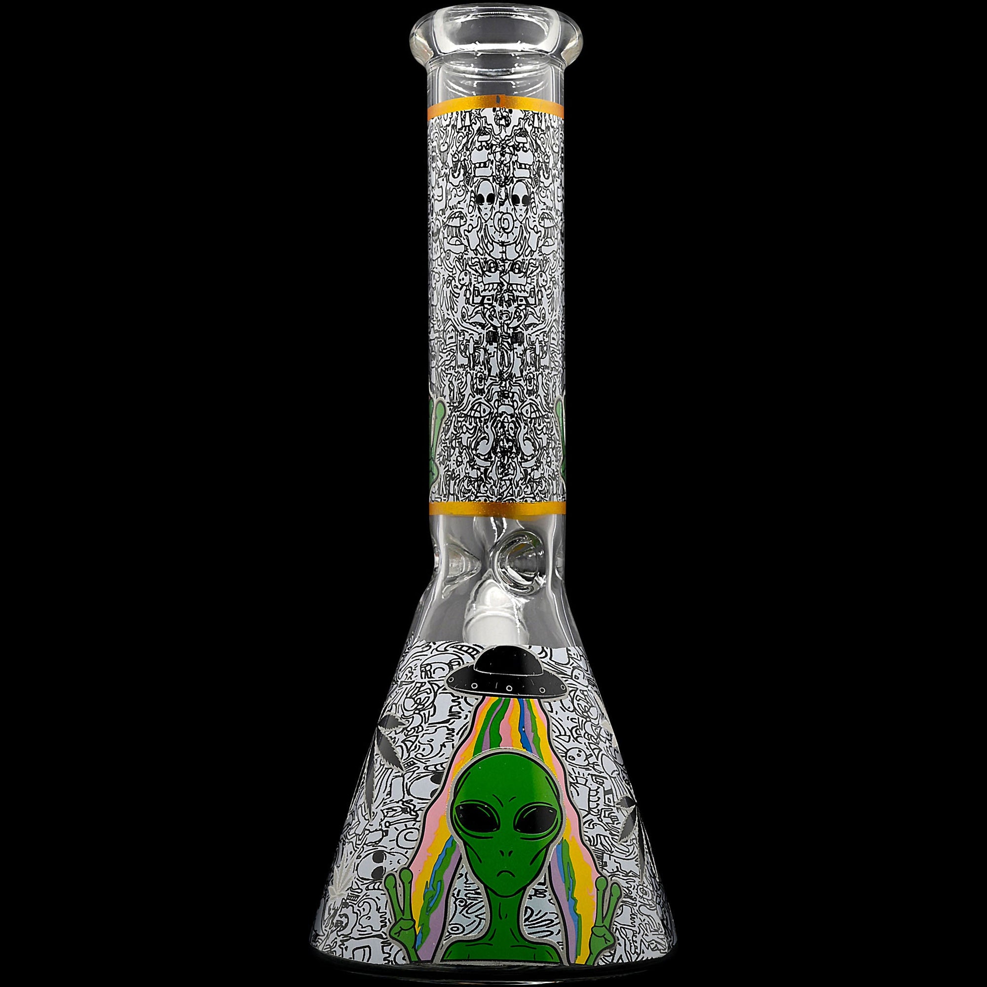 Aliens And Hemp Leaves Glow Glass Beaker Water Pipe 10&quot;
