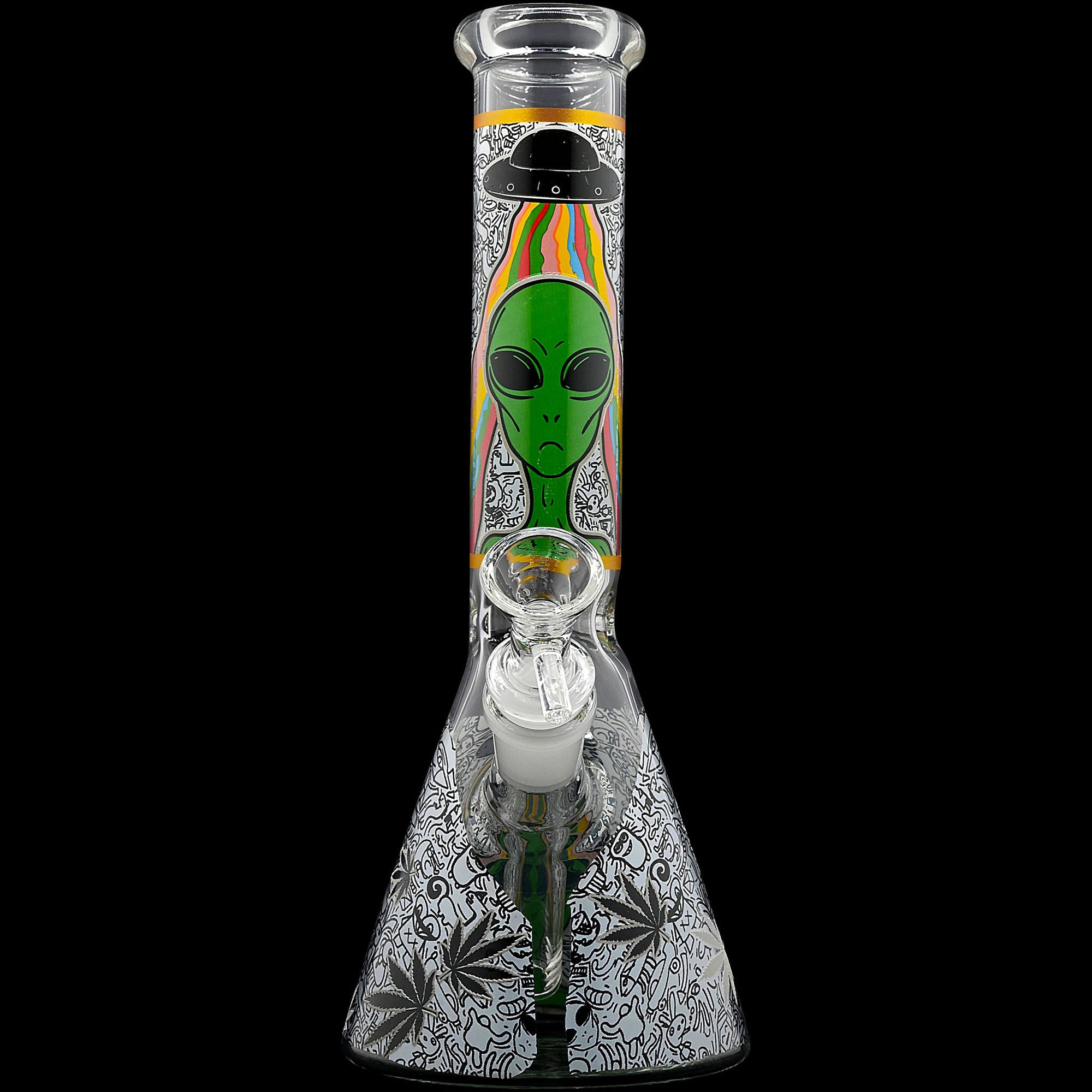 Aliens And Hemp Leaves Glow Glass Beaker Water Pipe 10&quot;