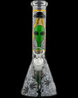Aliens And Hemp Leaves Glow Glass Beaker Water Pipe 10"