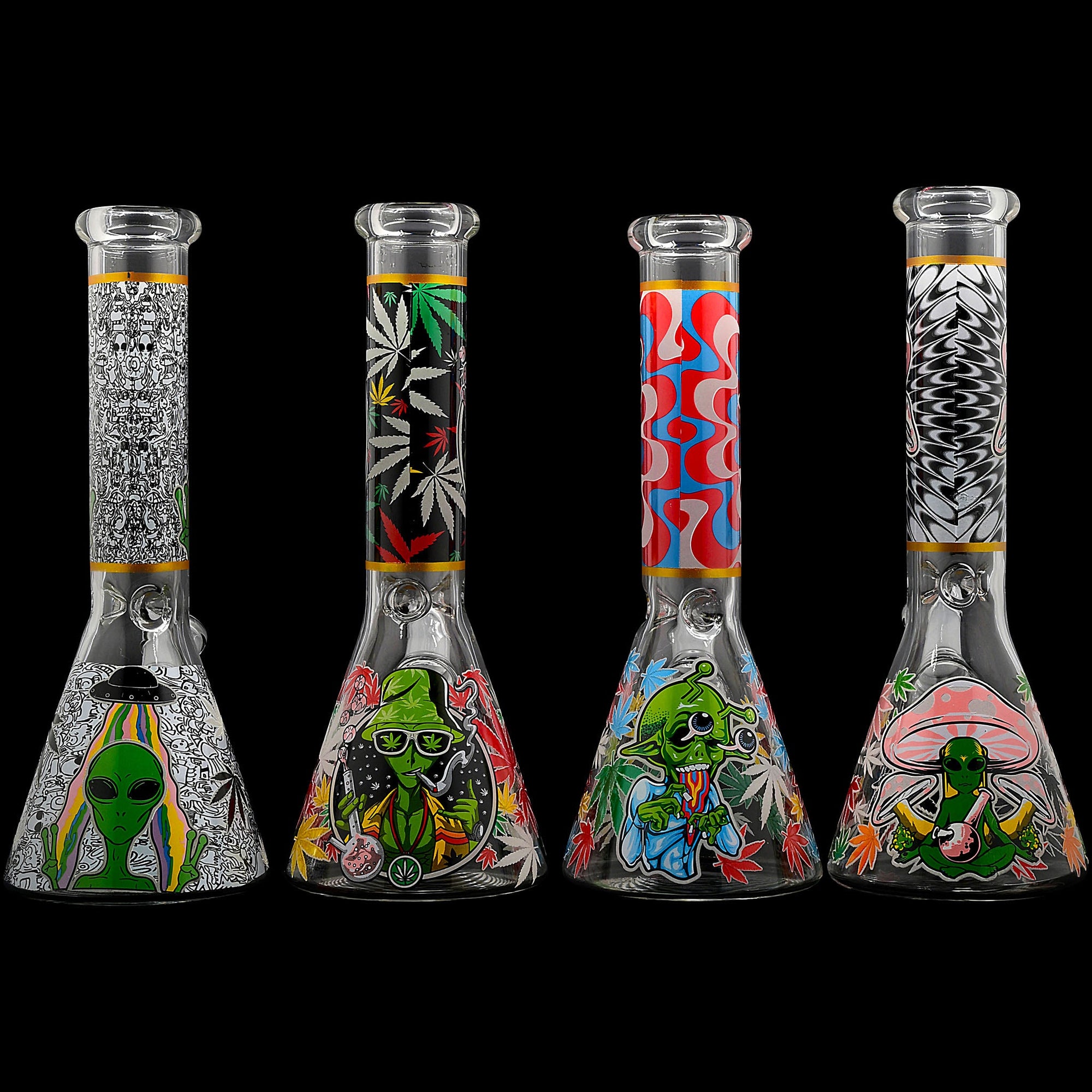 Aliens And Hemp Leaves Glow Glass Beaker Water Pipe 10&quot;