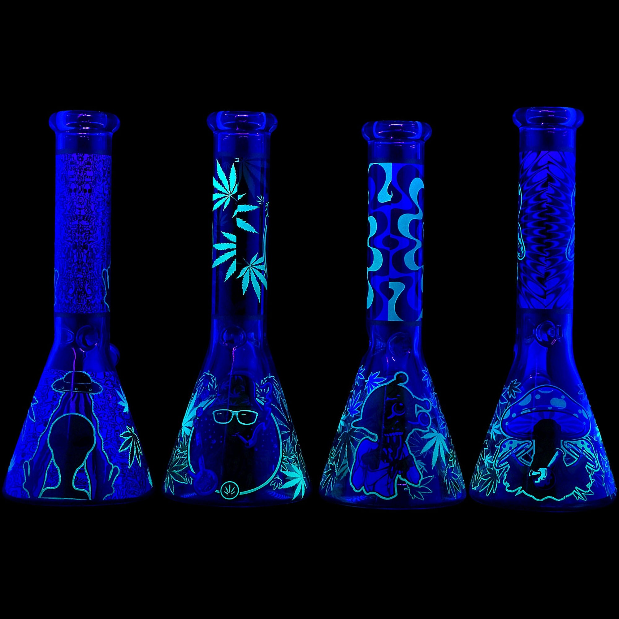 Aliens And Hemp Leaves Glow Glass Beaker Water Pipe 10&quot;