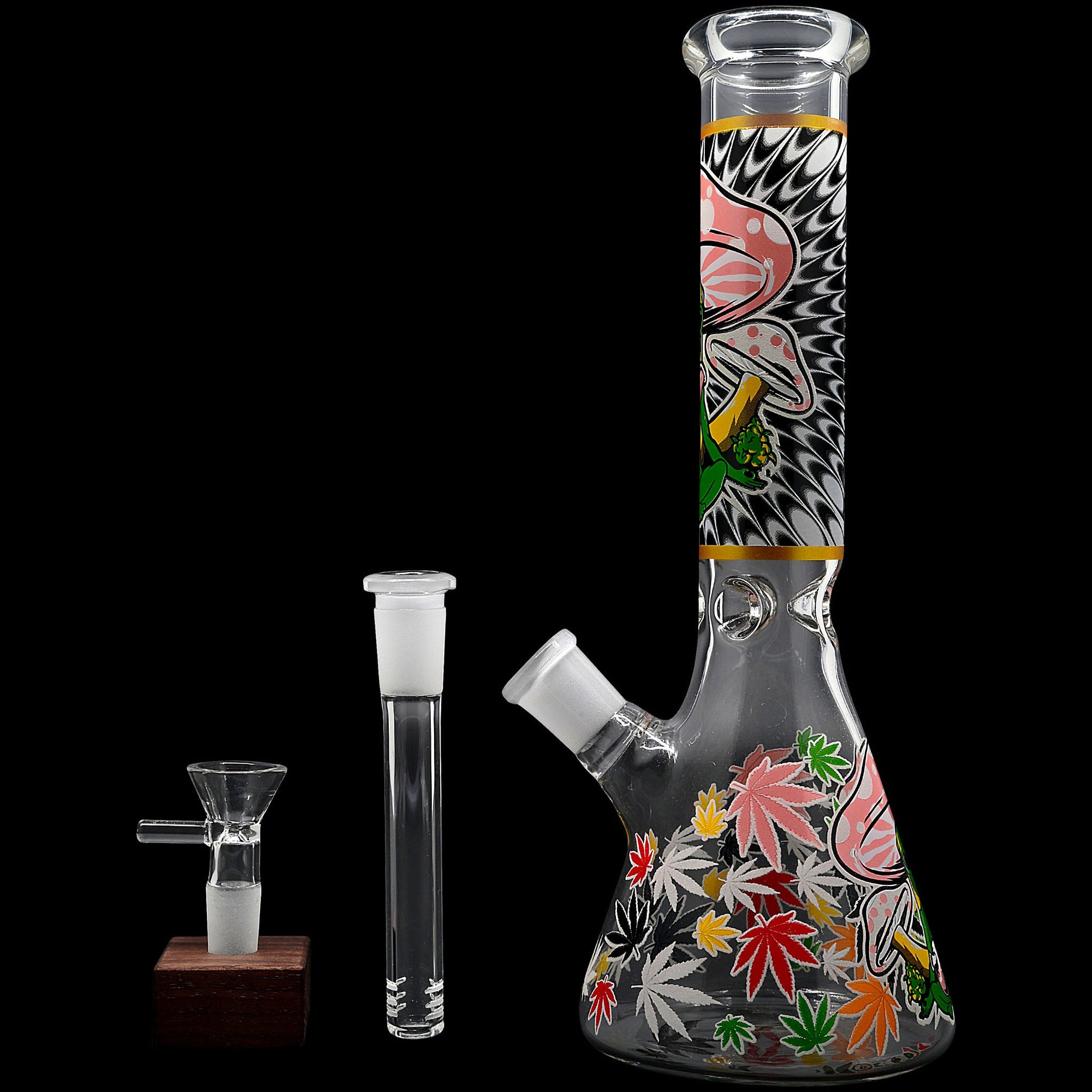 Aliens And Hemp Leaves Glow Glass Beaker Water Pipe 10&quot;