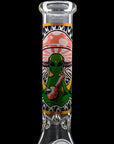 Aliens And Hemp Leaves Glow Glass Beaker Water Pipe 10"