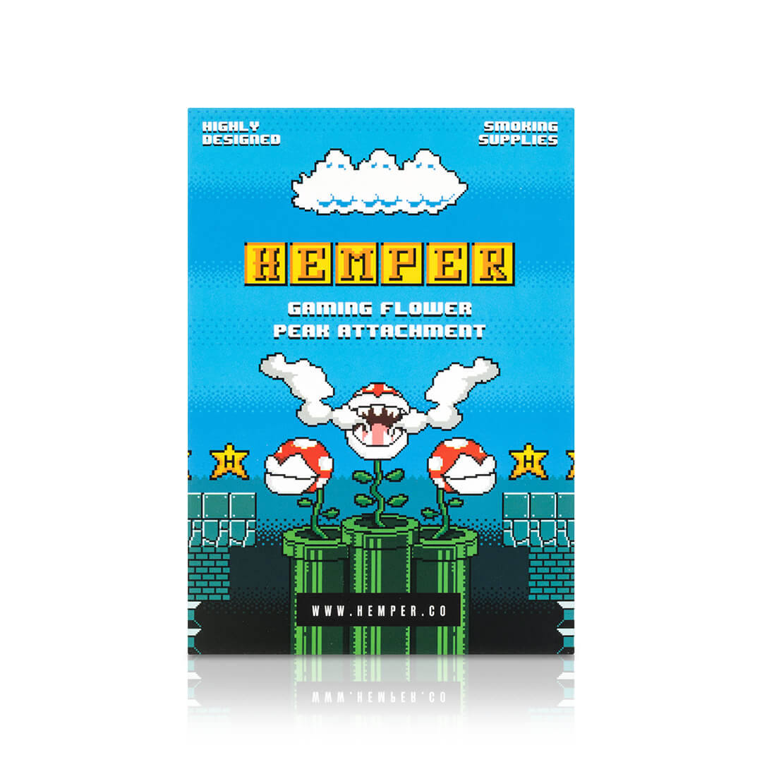 Hemper gaming flower peak attachment packaging with cartoonish design on a blue background